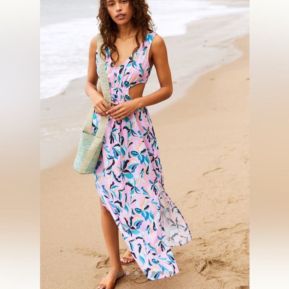 Anthropologie Botanical Cut Out Maxi Dress Retro Floral Purple Size Small